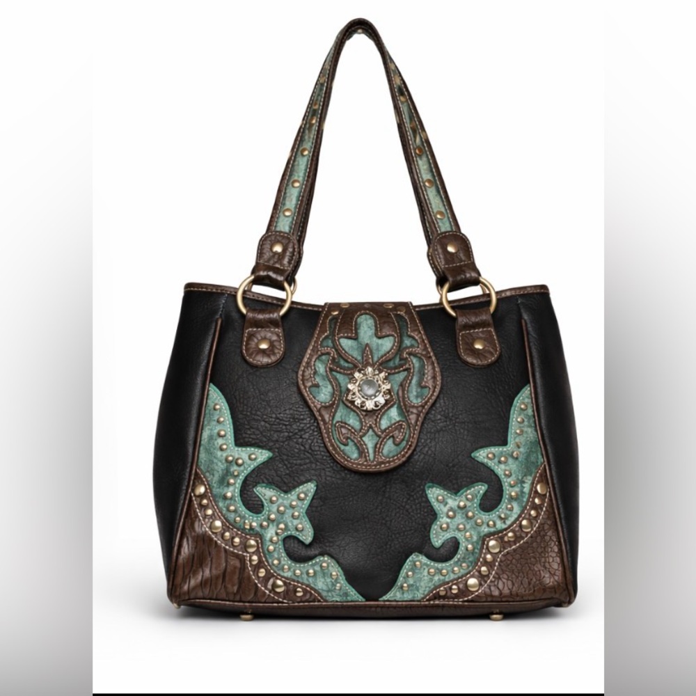Vintage Western Studded Turquoise Embroidered P&G Shoulder Bag Aztec Boho Y2K